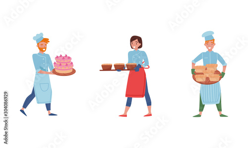 Smiling Baker Characters Baking Bread and Making Confections Vector Illustrations