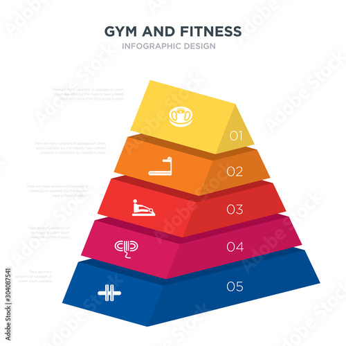 gym and fitness concept 3d pyramid chart infographics design included roller, rope, rowing machine, running machine, scale, _icon6_, _icon7_, _icon8_ icons