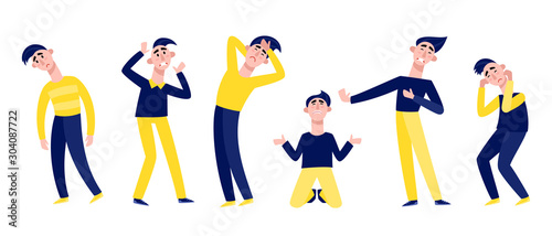 Sad man standing isolated on white.