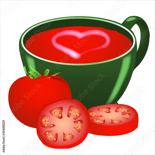 Illustration vectorielle vert et rouge d’un bol de soupe à la tomate avec de la crème en forme de coeur.