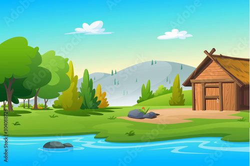 The hut near the stream in the bright morning.