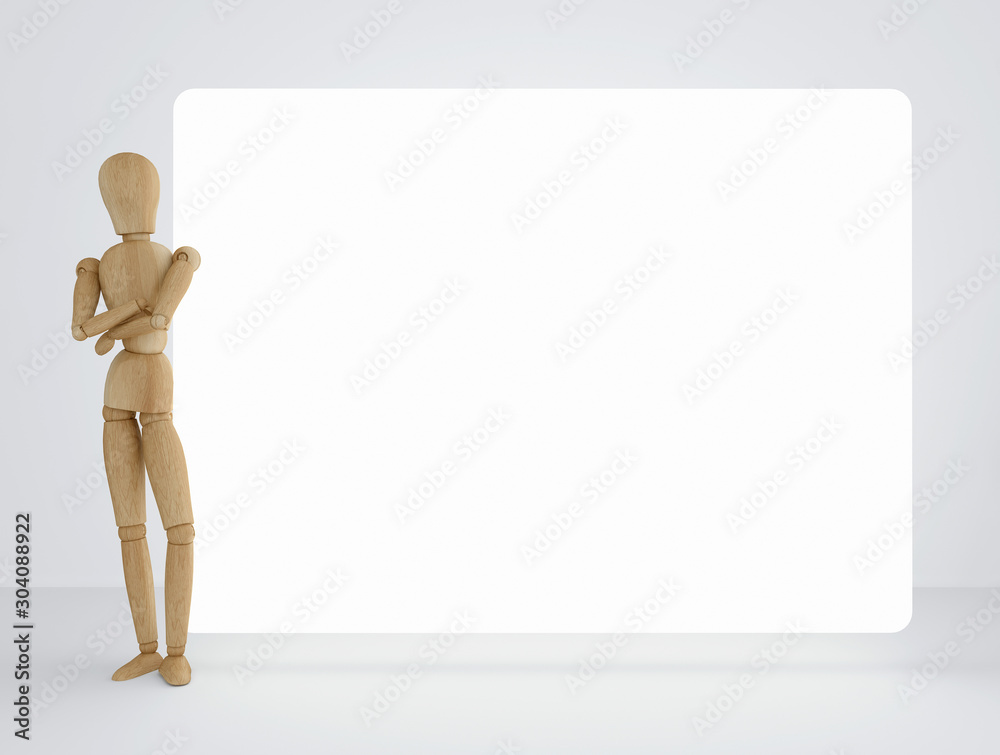 Preparation for a poster. A wooden man stands next to a glowing banner on a white background. 3D rendering. Preparation for a poster. A wooden man stands next to a glowing banner on a white background. 3D rendering.
