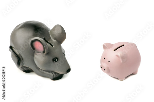 Isolate. Two piggy banks  a pink pig and a gray mouse or rat on a white background. Two symbols of the years 2019 and 2020