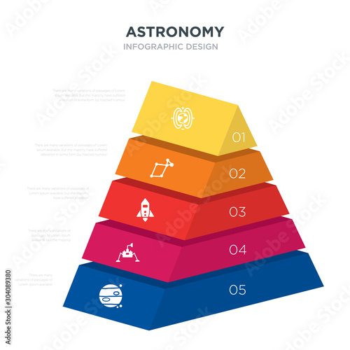 astronomy concept 3d pyramid chart infographics design included jupiter, lander, liftoff, lyra constellation, magnetic field, _icon6_, _icon7_, _icon8_ icons
