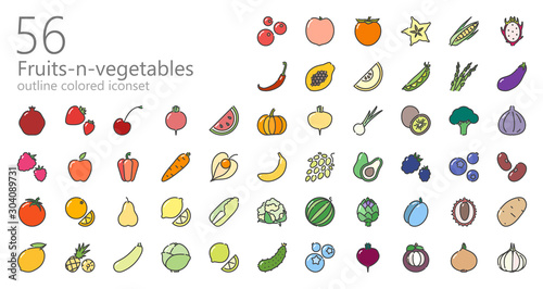 Fruits&vegetables colored outline iconset