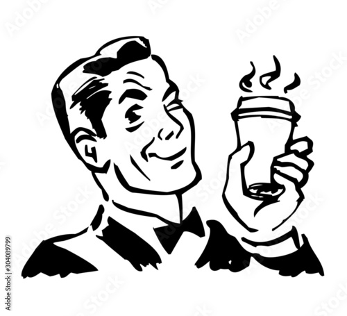 retro gentleman with hot drink in hand winks, black and white clipart