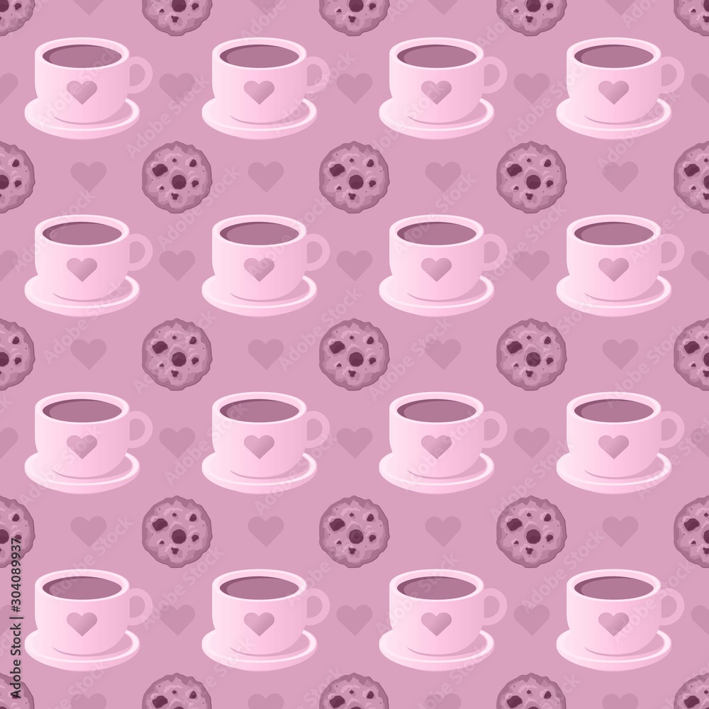Pink seamless pattern with cups of coffee and cookies Pink seamless pattern with cups of coffee and cookies