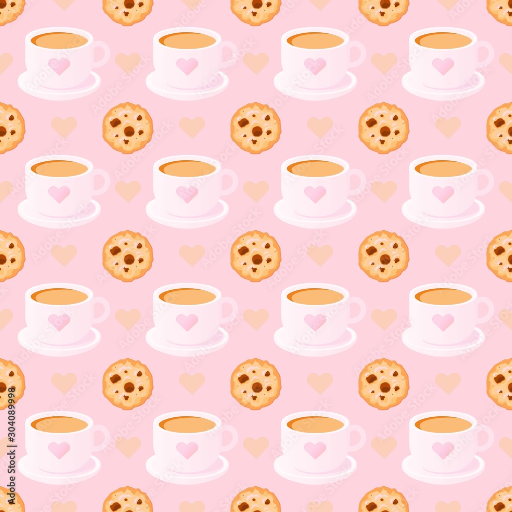 Fototapeta premium Pink seamless pattern with cups of coffee and cookies