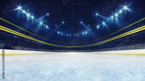 Canvas Print Empty ice rink and illuminated stadium with fans, front playground view