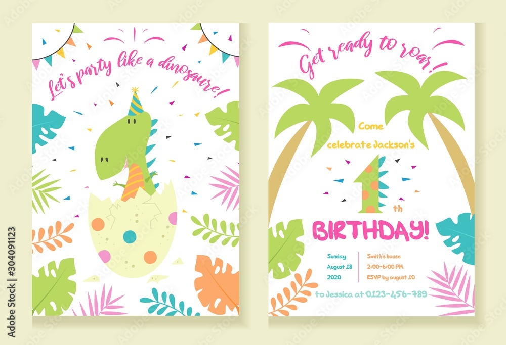 Naklejka premium Childrens dinosaur party invitation template vector illustration. Festive inviting card with tropical plants, palms, dino and lettering get ready to roar flat style design. Happy Birthday concept