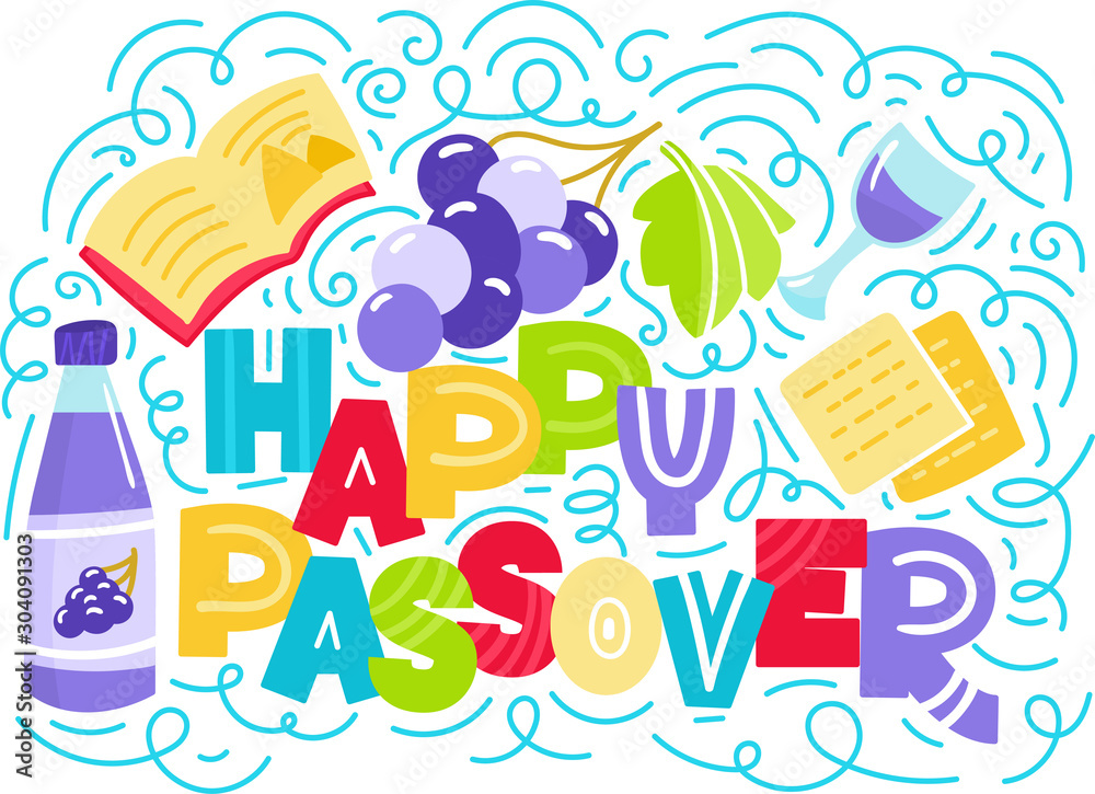 Passover greeting card Jewish holiday Pesach . Hebrew text: happy Passover. Doodle style vector illustration. Isolated on white background.