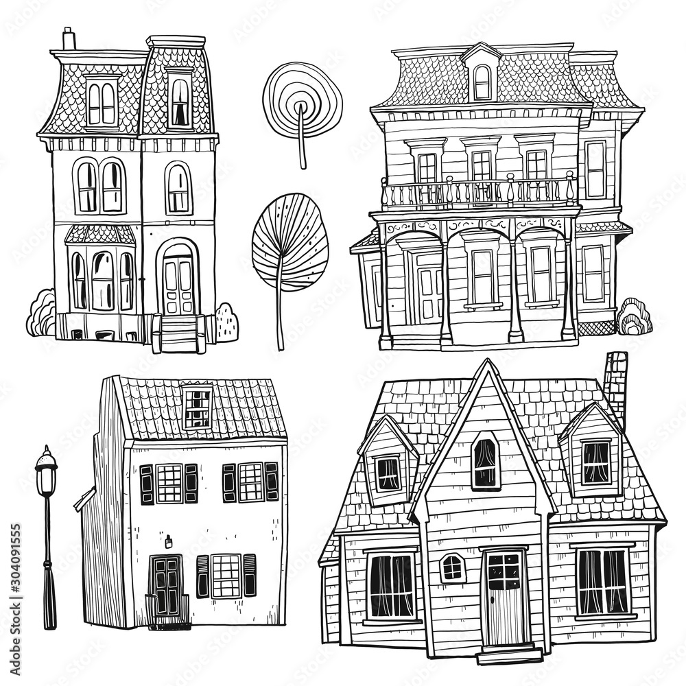 Set of hand drawn buildings