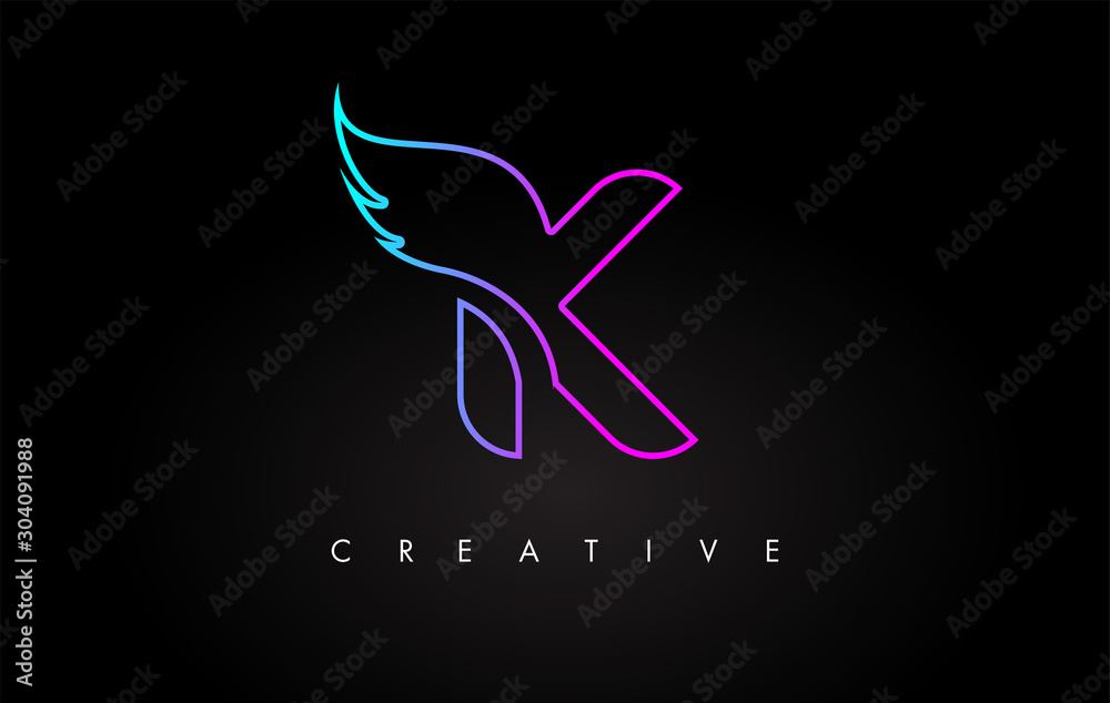 Neon K Letter Logo Icon Design with Creative Wing in Blue Purple ...