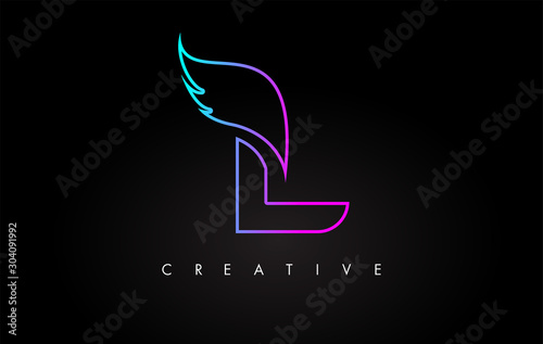 Neon L Letter Logo Icon Design with Creative Wing in Blue Purple Magenta Colors