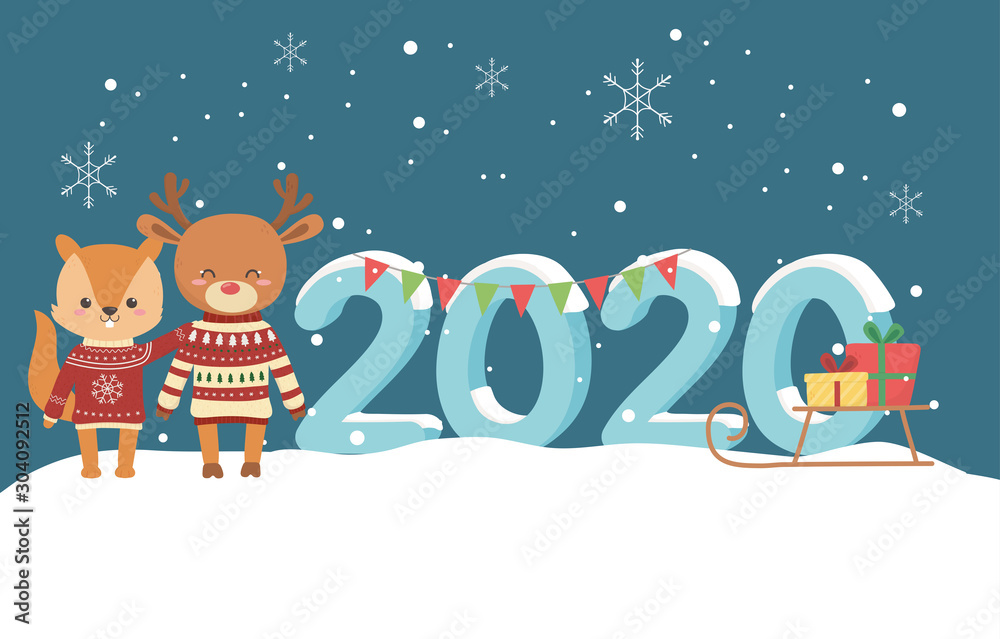 happy new year 2020 celebration cute deer squirrel with ugly sweater and gifts snow happy new year 2020 celebration cute deer squirrel with ugly sweater and gifts snow