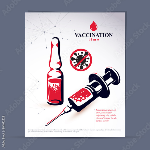 Antiviral vaccination promotion idea, brochure head page. Vector graphic illustration of ampoule with medicine and disposable syringe for injections to kill a virus.