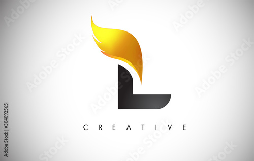 Gold L Letter Wings Logo Design with Golden Bird Fly Wing Icon.