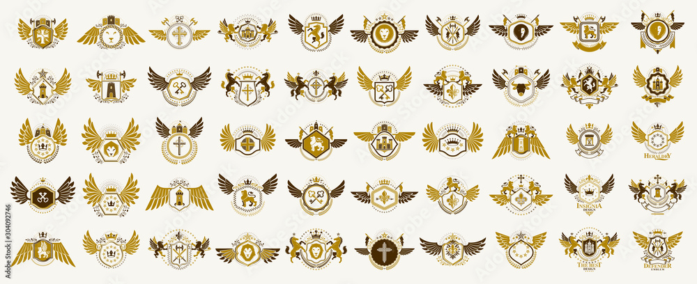 © Sylverarts - Classic style emblems big set, ancient heraldic symbols awards and labels collection, classical heraldry design elements, family or business emblems.