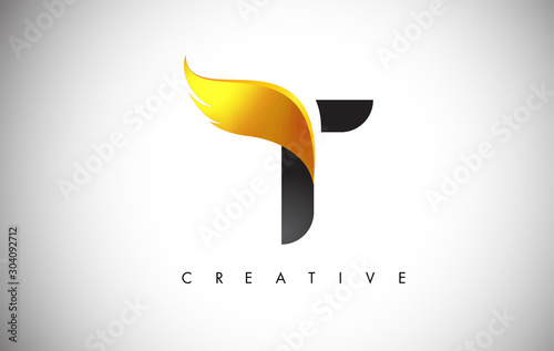 Gold T Letter Wings Logo Design with Golden Bird Fly Wing Icon.