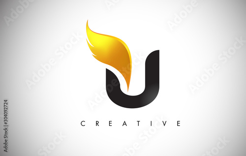 Gold U Letter Wings Logo Design with Golden Bird Fly Wing Icon.