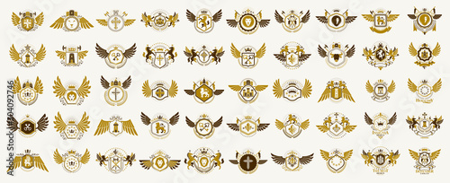 Classic style emblems big set, ancient heraldic symbols awards and labels collection, classical heraldry design elements, family or business emblems. photo