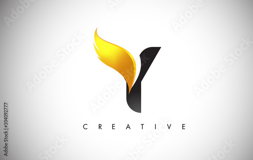Gold Y Letter Wings Logo Design with Golden Bird Fly Wing Icon.