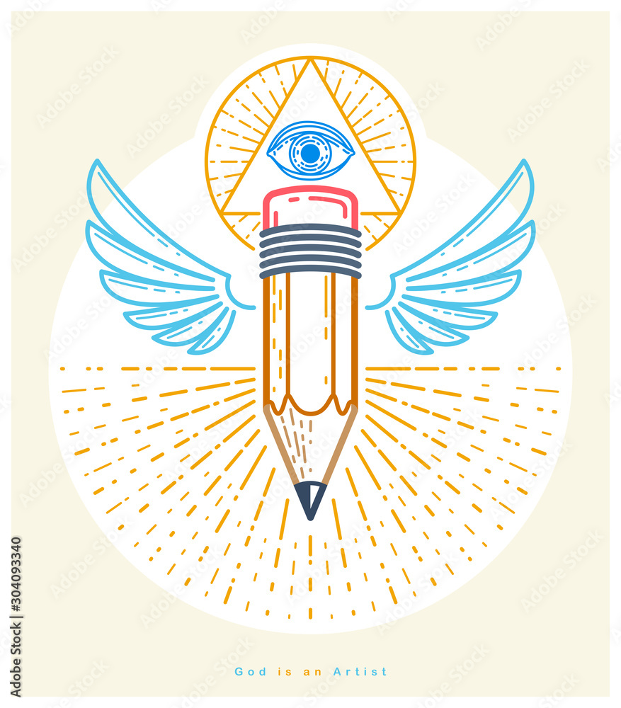 God Is A Designer Concept Pencil With Wings And All Seeing Eye Of God 