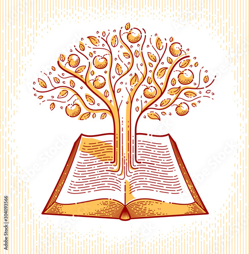 Tree growing from text lines of an open vintage book education or science knowledge concept, educational or scientific literature library vector logo or emblem.