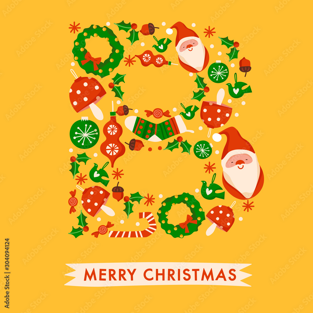 Holiday Alphabet collection for card design : Christmas elements forming a shape of uppercase letter : Vector Illustration