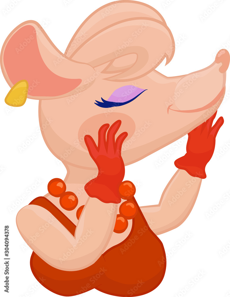 pink pleased rat lady or mouse in red dess