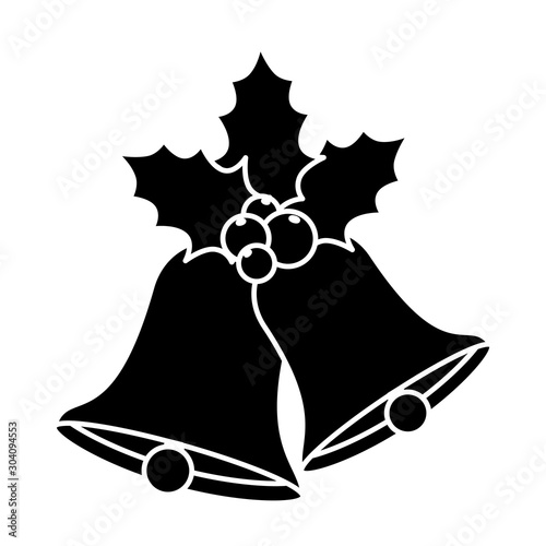 silhouette of bells christmas with leafs and seeds vector illustration design
