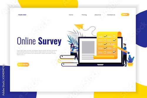 Vector illustration of online survey concept, people fill out survey forms online on the phone. can be used for landing page websites, hompage, banners, leaflets, mobile apps