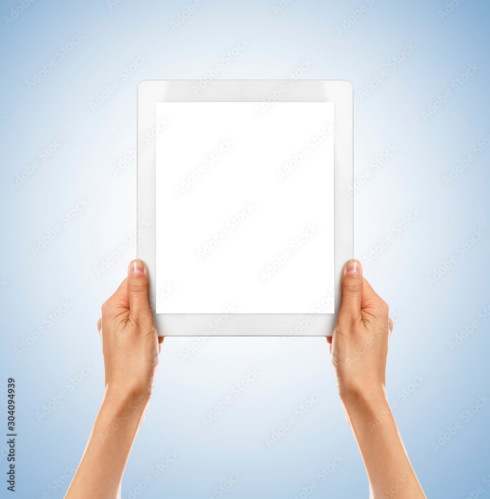 Tablet PC with white screen in women's hands. Tablet PC with white screen in women's hands.