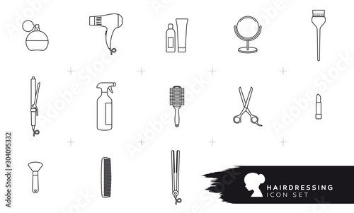 Vector line icon set tools ladies hairdresser - salon. Isolated on white background.