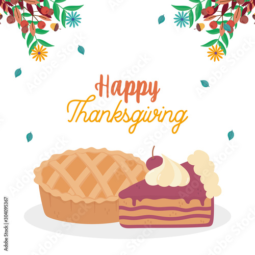 happy thanksgiving day pie and slice cake fall leaves