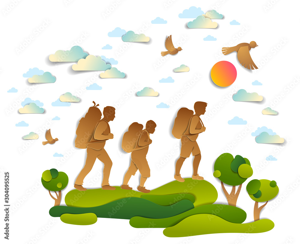 Happy active family hiking through meadows and fields with trees and birds in the summer sky. Father mother and son hikers having time of freedom in nature summer holidays, vector illustration. Happy active family hiking through meadows and fields with trees and birds in the summer sky. Father mother and son hikers having time of freedom in nature summer holidays, vector illustration.