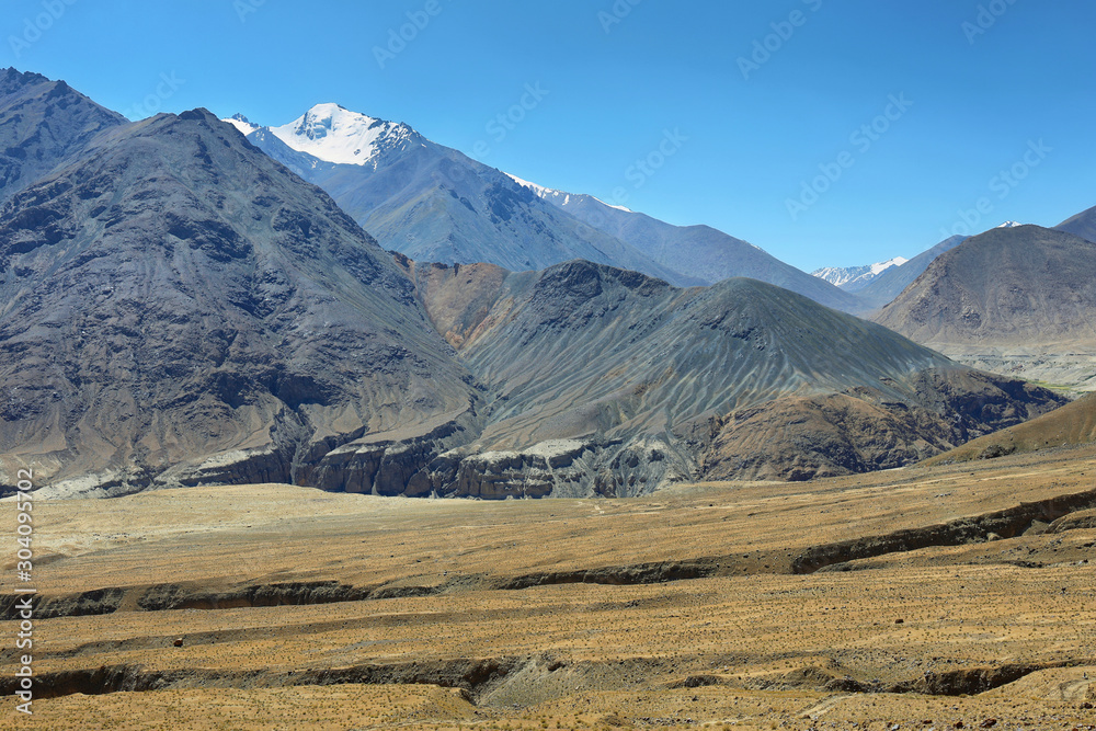 Mountain range of Himalayas in Nubra valley from Khardung La Pass road