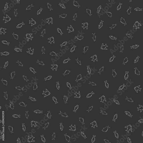 Fish themed freehand drawings seamless pattern. Hand drawn fish elements doodles design for wallpapers, wrapping, backgrounds. Vector illustration.