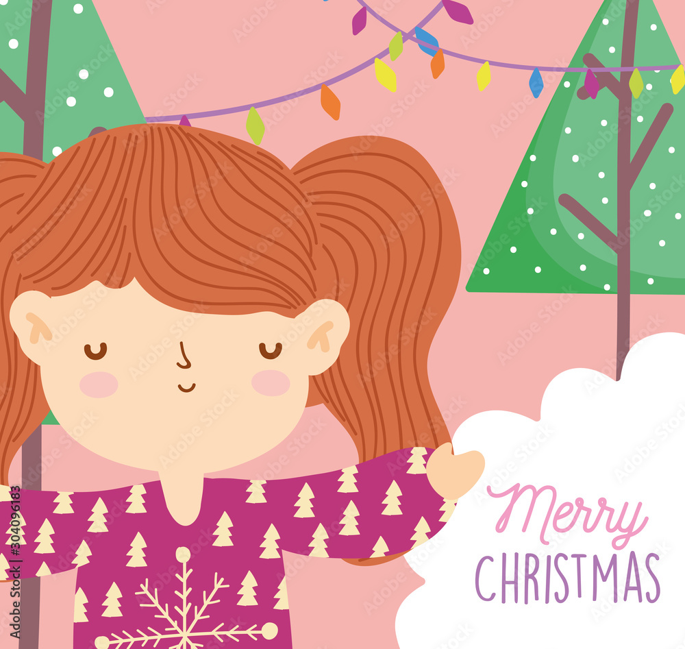 merry christmas girl with ugly sweater trees lights snow merry christmas girl with ugly sweater trees lights snow