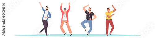 Group of young happy mens dancers isolated on a white background. Smiling young mens enjoy a dance party. Flat style. Vector illustration