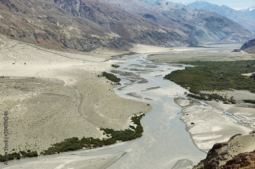 Shyok River and mountains in Nubra Valley India