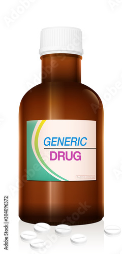 Medicine bottle named GENERIC DRUGS. Symbolic for harmful counterfeit pills, risk and danger of cheap or illegal produced and sold pharmaceuticals. Isolated vector on white.