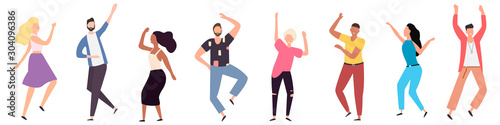 Fototapeta Naklejka Na Ścianę i Meble -  Dancing people. Group of young happy dancers or men and women isolated on a white background. Smiling young men and women enjoy a dance party. Flat style. Vector illustration