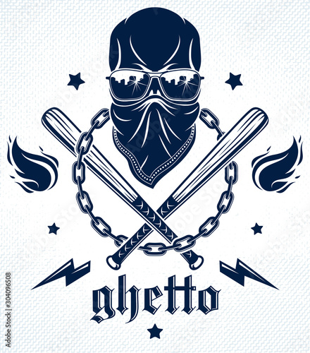 Gangster emblem logo or tattoo with aggressive skull baseball bats and other weapons and design elements, vector, criminal ghetto vintage style, gangster anarchy or mafia theme.