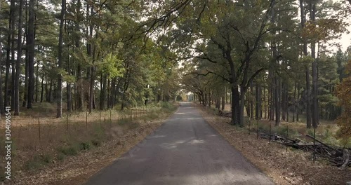 Drone flying low close to road and under the trees. photo