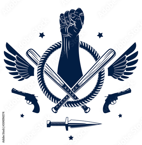 Anarchy and Chaos aggressive emblem or logo with strong clenched fist, weapons and different design elements , vector vintage style tattoo, rebel rioter partisan and revolutionary.