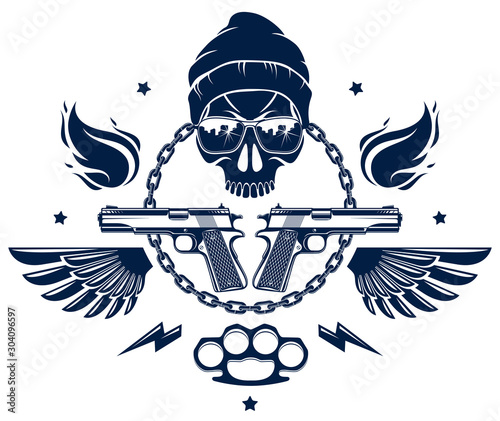 Revolution and Riot wicked emblem or logo with aggressive skull, weapons and different design elements , vector tattoo, anarchy and chaos, rebel partisan and revolutionary.