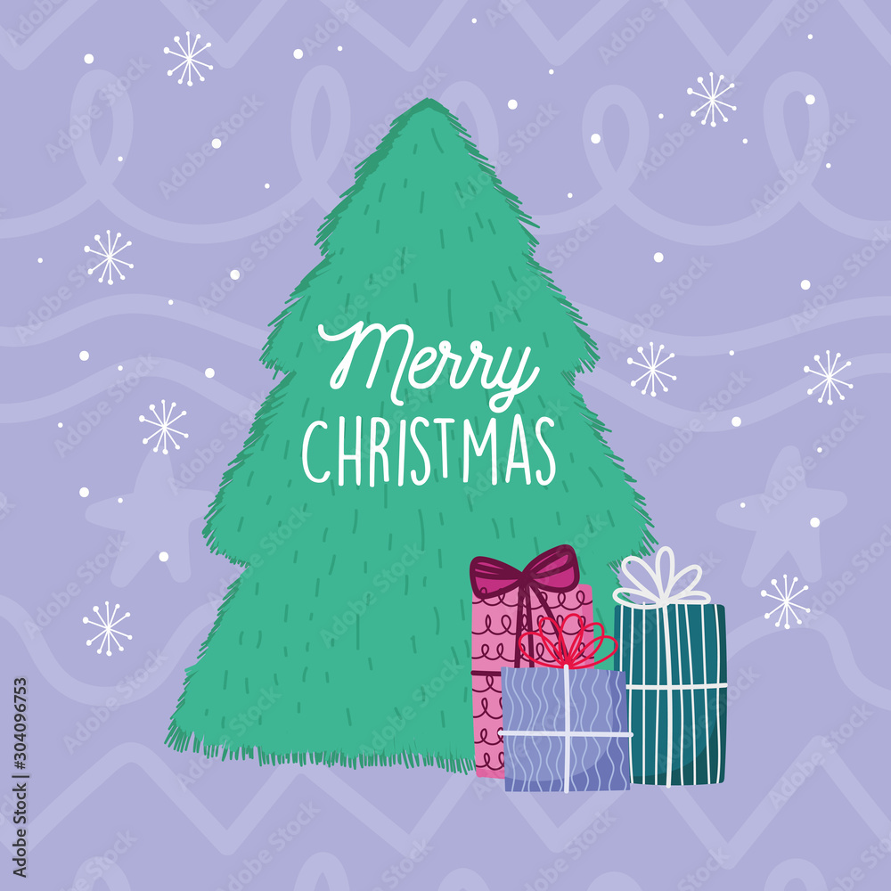 merry christmas celebration tree gift boxes snowflakes vector de Stock |  Adobe Stock