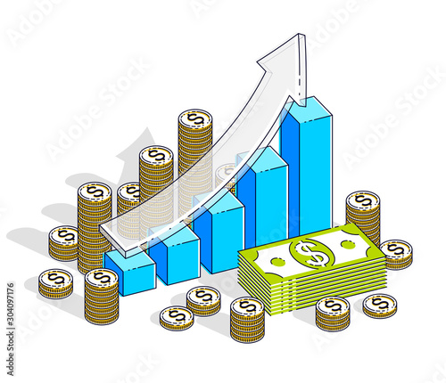 Success and income growing up concept, growth chart stats bar with cash money stack isolated on white background. Vector 3d isometric business and finance illustration, thin line design.