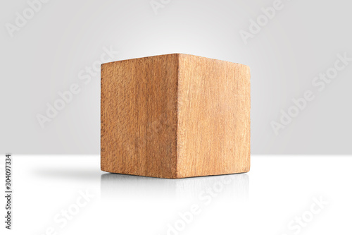 Fotografie Wood cube Isolate on white  background, Brown cubic wood, with Clipping path